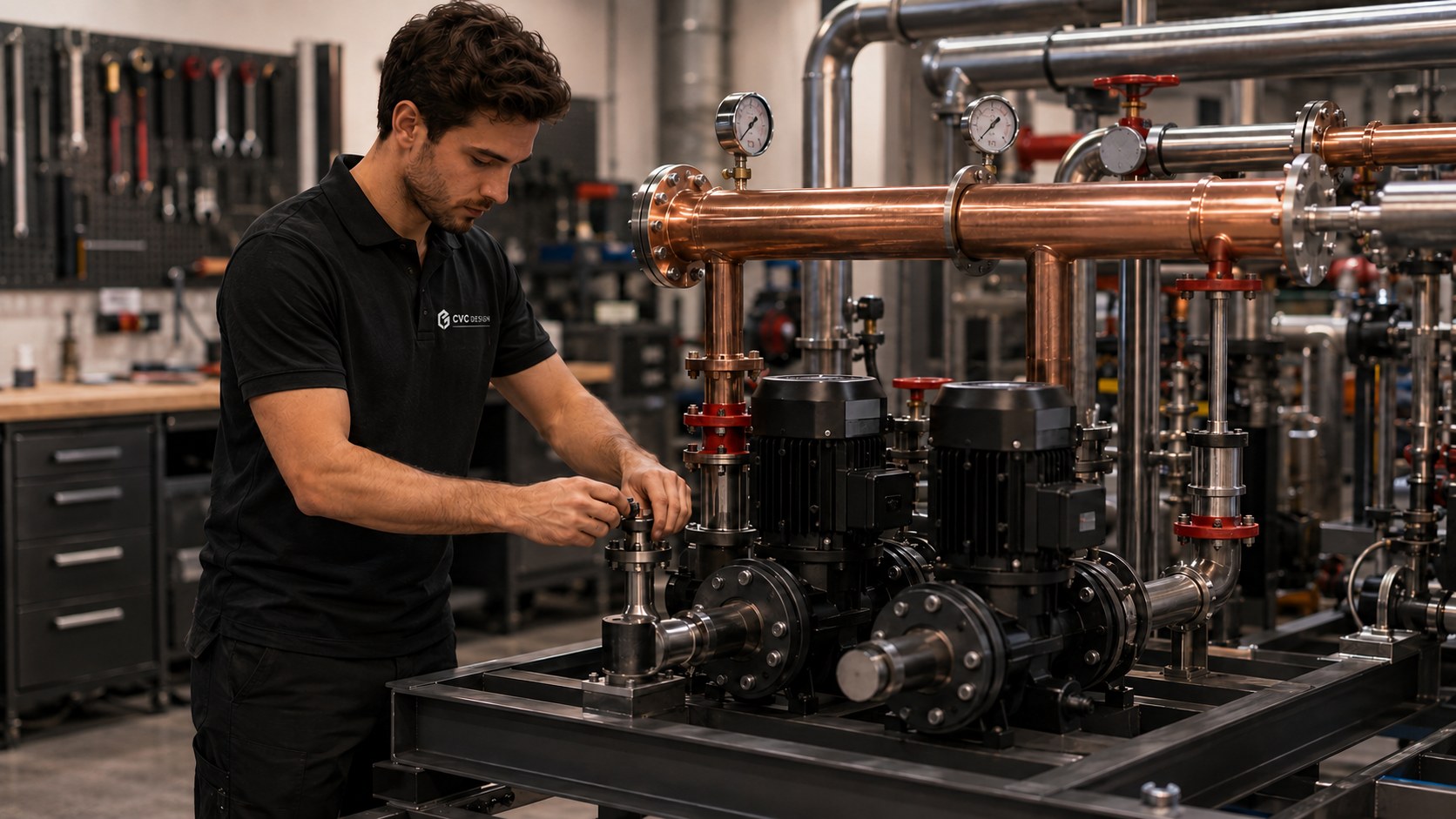Technicien CVC DESIGN réglant un skid hydraulique en atelier — collecteurs cuivre, pompes et vannes