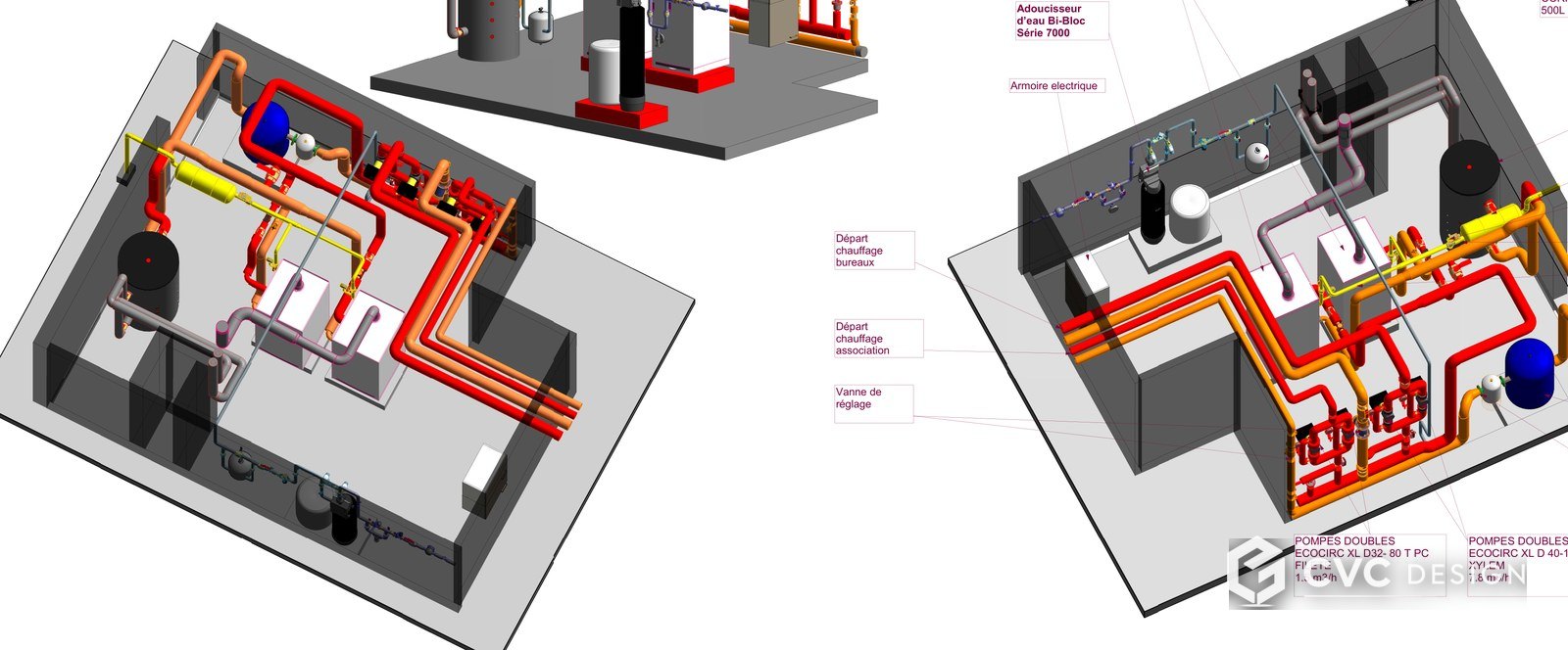 Maquette 3D d'une chaufferie : réseaux hydrauliques et pompes modélisés