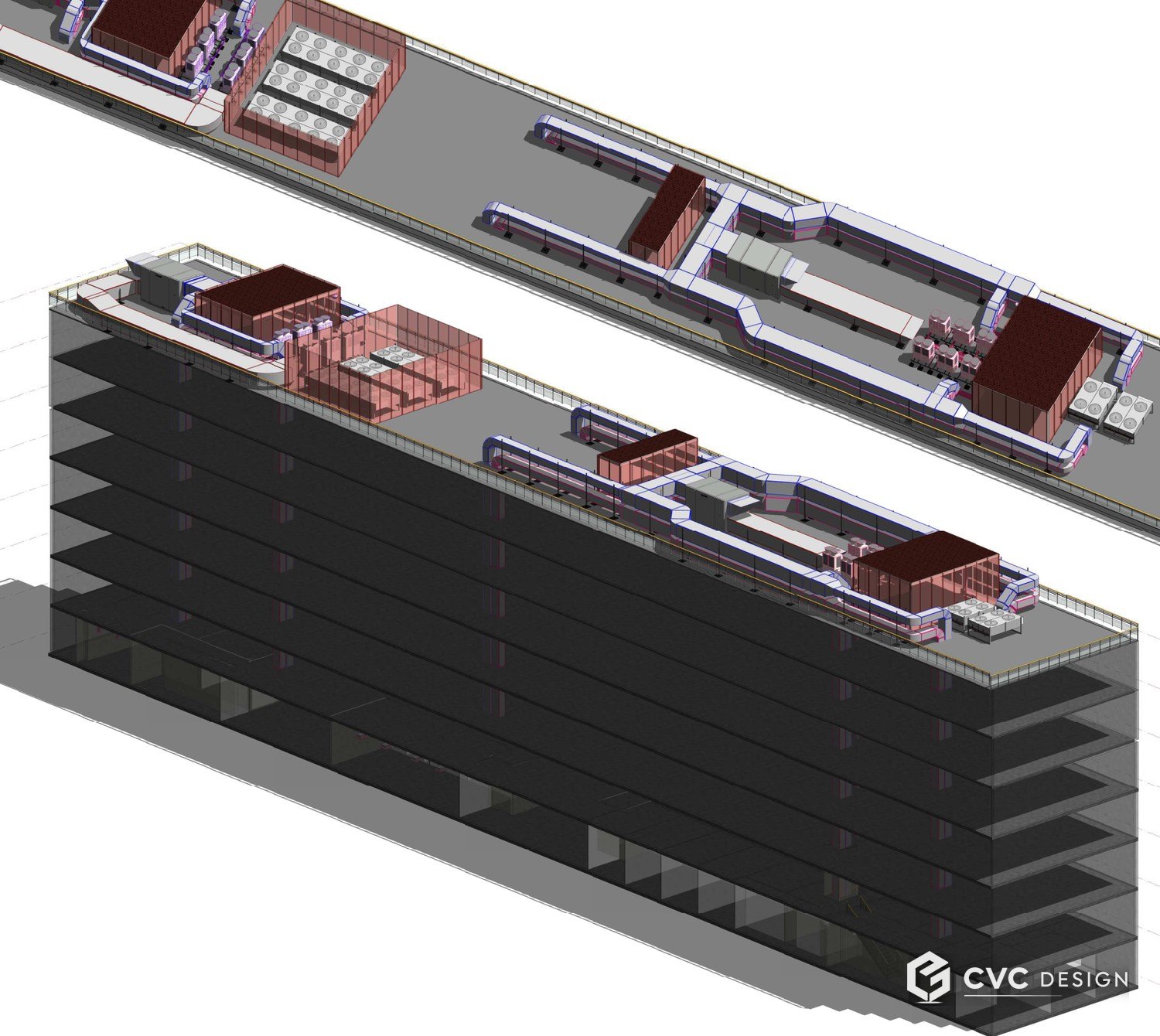 Maquette BIM en coupe d'un bâtiment : équipements CVC et réseaux modélisés étage par étage